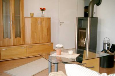 Wohn-/Schlafzimmer mit Kaminofen und Schlafcouch (140 cm) fr 5. und (wenn gewnscht) 6. Person